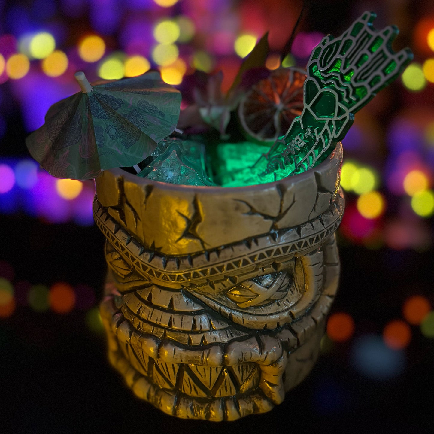 The Black Lagoon Brooklyn Horror Tiki Goth Tiki Creepy Tiki Creature's Hand Swizzle Stick Creature Idol Tiki Mug Angler Puffer Seahorse Cocktail Umbrella
