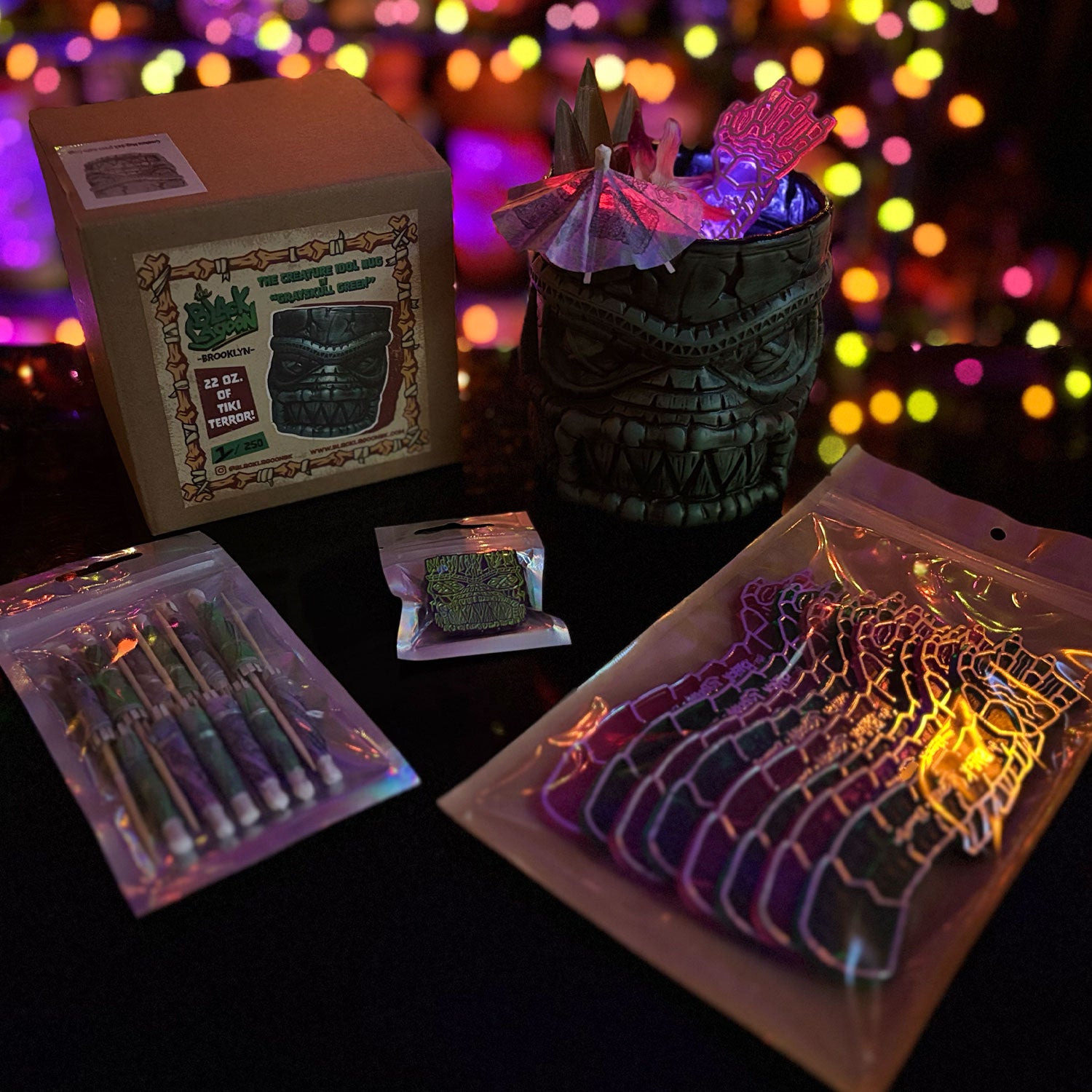 The Black Lagoon Brooklyn Horror Tiki Goth Tiki Creepy Tiki Creature's Hand Swizzle Sticks Creature Idol Tiki Mug Angler Puffer Seahorse Cocktail Umbrellas Creature Idol Enamel Pin