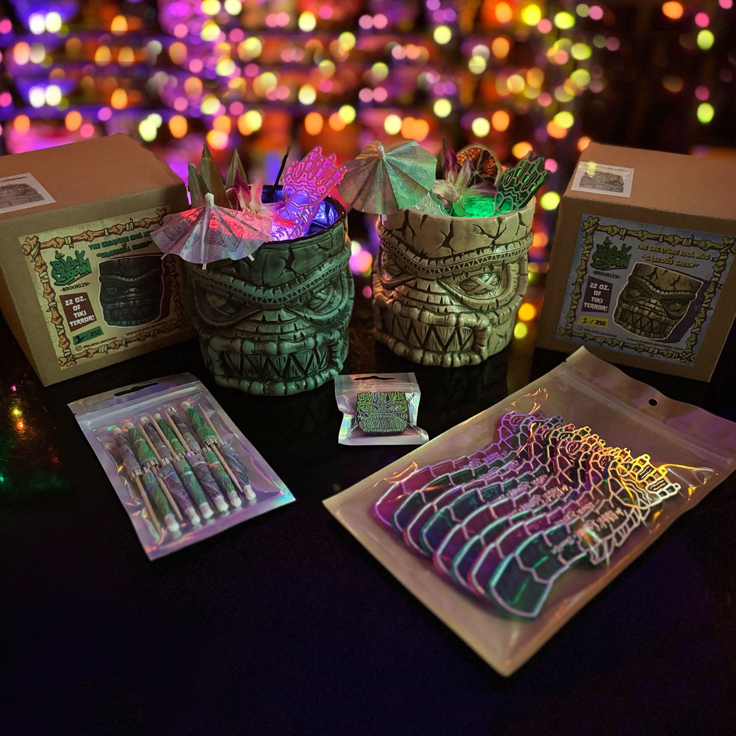 The Black Lagoon Brooklyn Horror Tiki Goth Tiki Creepy Tiki Creature's Hand Swizzle Sticks Creature Idol Tiki Mugs Angler Puffer Seahorse Cocktail Umbrellas Creature Idol Enamel Pin