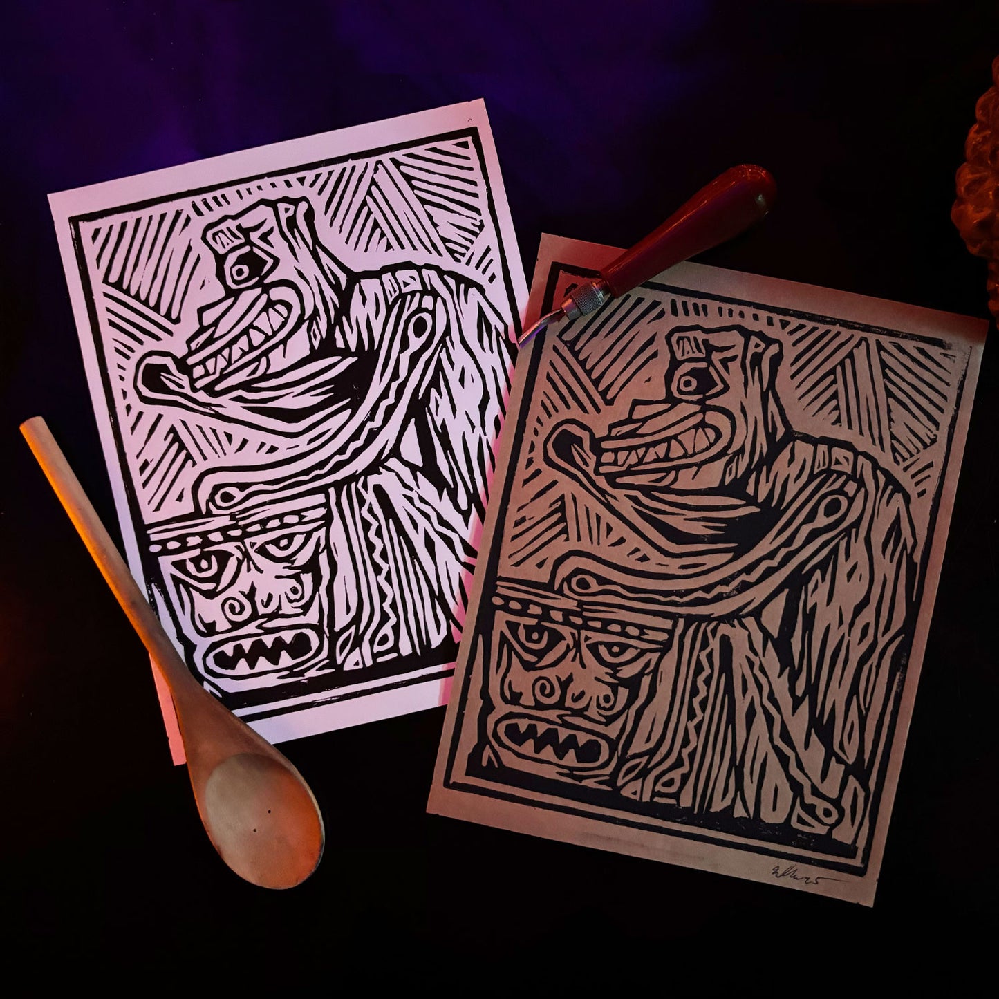 Linoleum Block Print - Enchanted Drummer