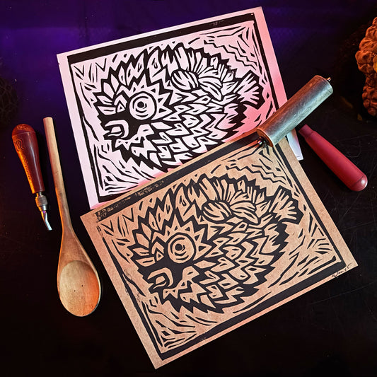 Linoleum Block Print - Puffer